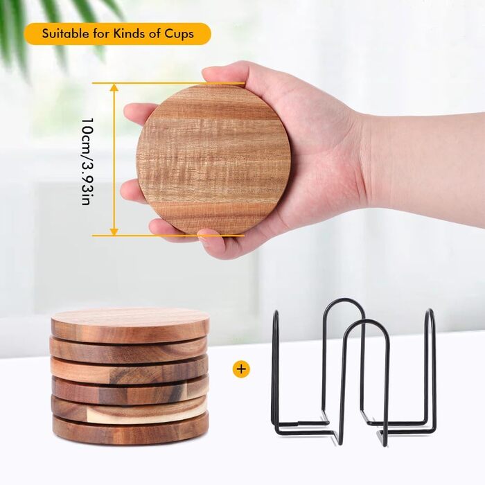 Acacia Wood Coasters Set of 6 with Bottle Opener, Wooden Coasters for Drinks with Holder, Table Protector for Home and Office Decor