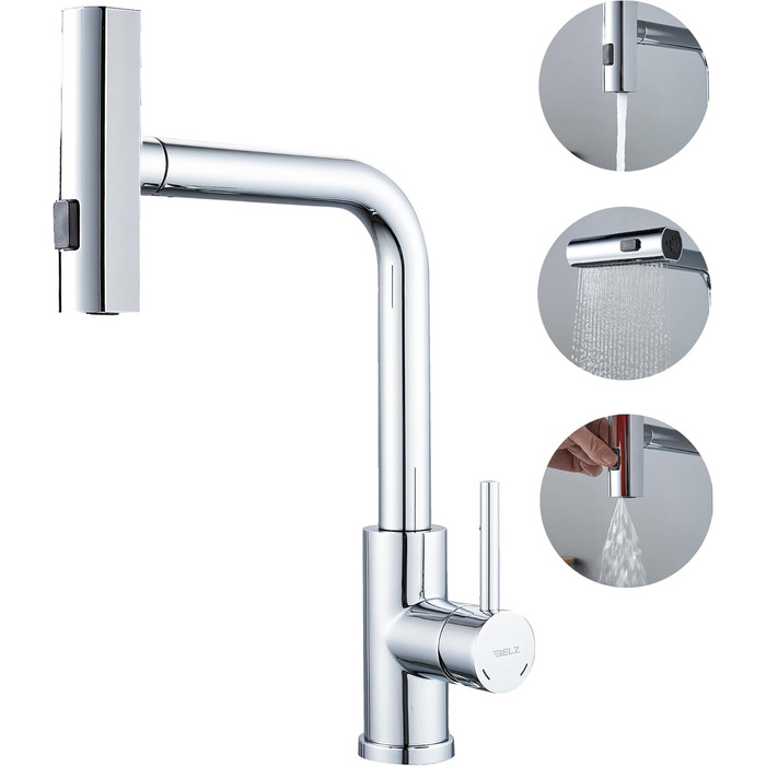 Змішувач для кухні BELZ з висувною лійкою, 3 режими, поворотний на 360°, з нержавіючої сталі SUS304, матовий хром