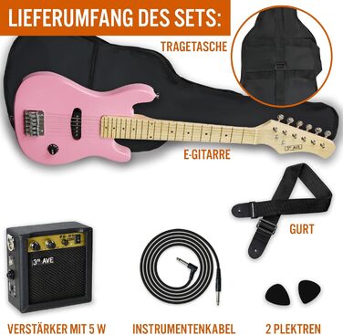 Електрогітара 3rd Avenue для дітей, 1/4 розміру - комплект для початківців з підсилювачем, чохлом, кабелем, медіатором та ремінком (рожевий)