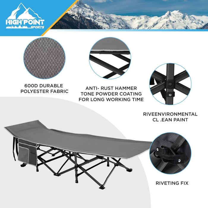 Розкладне ліжко для кемпінгу HIGH POINT SPORTS XXL (270 кг), стабільне, легке, для дорослих, з сумкою та кишенею, 190 x 67 x 35 см (сірий)