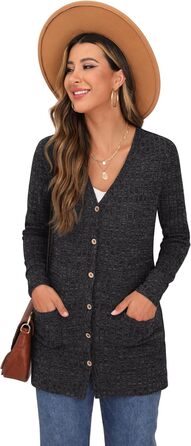 Жіночий трикотажний кардиган GRECERELLE з довгими рукавами, V-подібний виріз, з кишенями та ґудзиками, м'який, елегантний, сірий, осінь