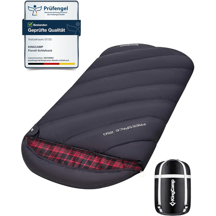 Сплячий мішок KingCamp XXL з бавовни фланелі для дорослих, великого розміру, теплий, зимовий, для кемпінгу, подорожей та активностей на відкритому повітрі, 4-сезонний, 220x100 см, класичний чорний