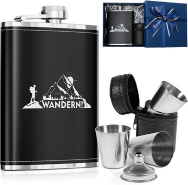 Термос-фляга LILABIENE з гравіюванням для туризму та походів у гори. Набір з чашкою, нержавіюча сталь, шкіра, чорний колір. Ідеально для чоловіків, на День батька, на День народження, на Миколая, на Різдво. Об'єм 8oz/240ml