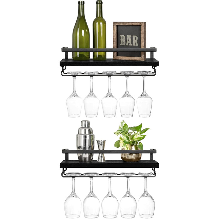 Wall-Mounted Wine Racks 2-Piece Set Wood Rustic Wine Bottle Glass Floating Shelves with Stemware Hangers Modern Wine Display Storage Holder for Kitchen Dining Room Bar, black
