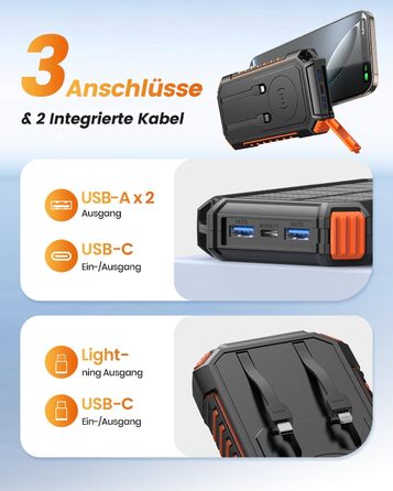 Power Bank Fandealo 27000mAh з сонячною панеллю – 22,5W, PD, QC 3.0, USB-C, 2 кабелі, 2 ліхтарики, для смартфонів, планшетів, кемпінгу