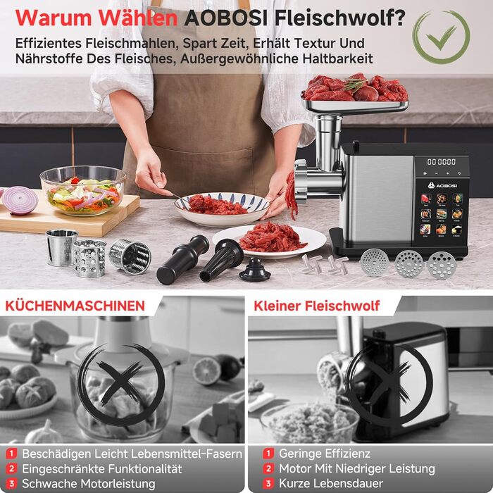 М'ясорубка електрична AAOBOSI 3000W з LED-дисплеєм, 3 швидкості, анти-затор, контейнер для зберігання, для ковбас та кібе, срібляста