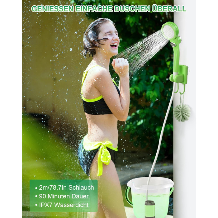 AUTOPkio Camping Shower with Battery, Upgraded Camping Shower 4500mAh Rechargeable Pump, IPX7 Waterproof for Camp, Outdoor, Hiking, Car Washing, Pet (Green)