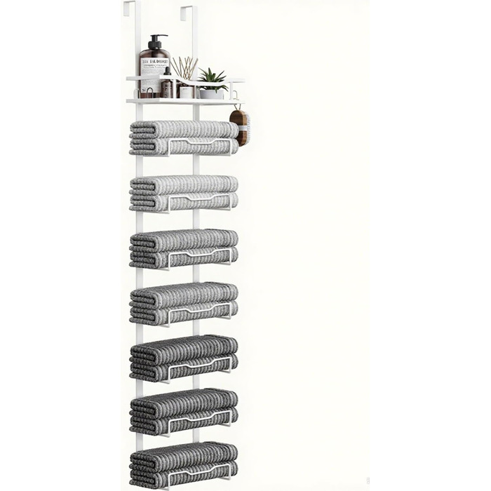 Настінний тримач для рушників на двері, 6 секцій, без свердління, для маленьких ванних кімнат, білий (8 тварин)