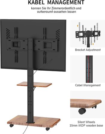 Підставка для телевізора Delphos Mobiler TV – мобільна, з дерев'яною основою, для телевізорів 32-70 дюймів, до 45 кг, регульована по висоті (до 130 см), поворотна ±25°, VESA 600x400 (волоський горіх)