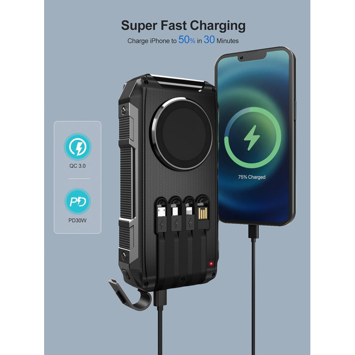 Портативний зарядний акумулятор Solar Powerbank 26800mAh з MagSafe, 30W USB-C, бездротовий заряд 15W, LED, ліхтарик, чорний