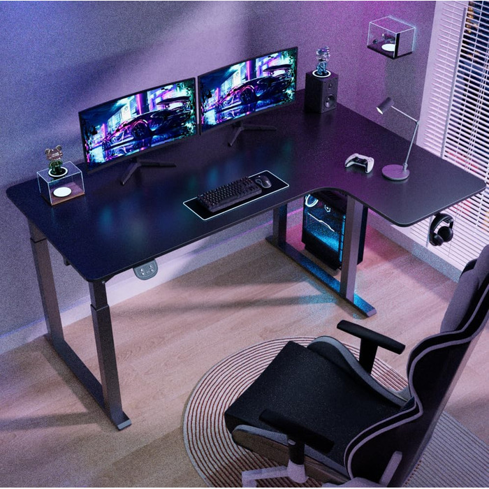 Electric Standing Desk L-Shape 180x110cm - Adjustable Height Desk with Dual Motor - Black Corner Desk with Spliced Board