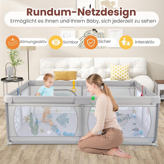 DREAMADE 200 x 140 cm Baby Playpen, Playard with 50 Balls & Carry Bag, Crawling Fence for Children for Indoor & Outdoor Use (Gray Underwater World, without mattress) Gray Underwater World without mattress