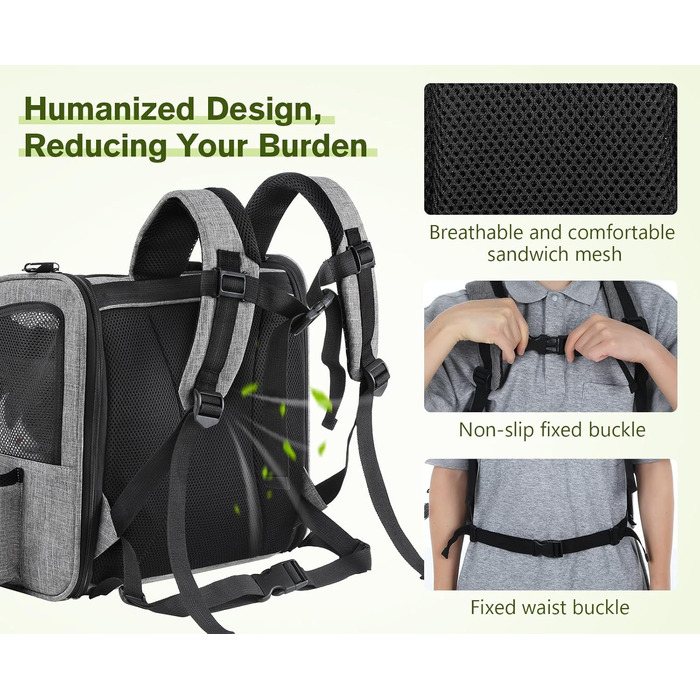Pecute Pet Carrier Backpack with Mesh Window - Portable & Foldable Cat Carrier, Breathable & Lightweight Dog Carrier - Waterproof Oxford Cloth, Large Capacity, Non-Slip Gray