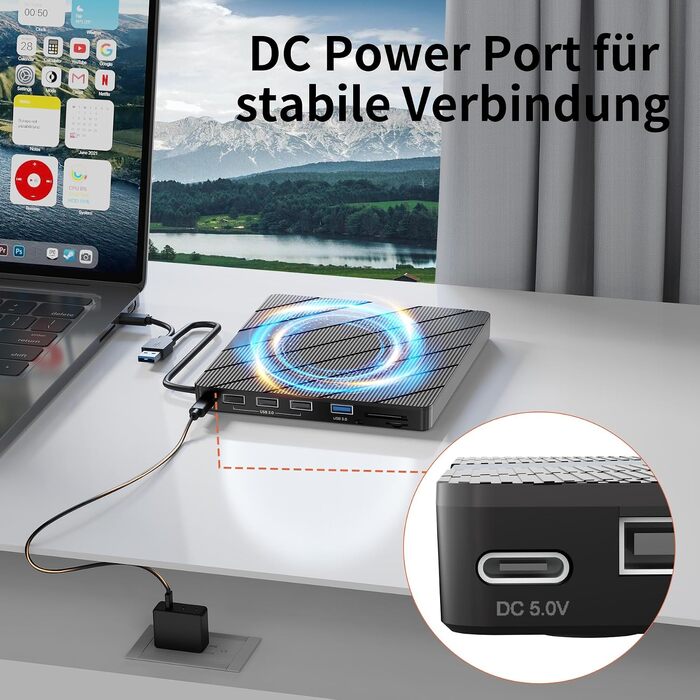 Зовнішній DVD-привід Alxum USB-C 3.0 та USB: CD/DVD плеєр і записувач для ноутбука з картридером SD/TF та додатковим USB-портом, Plug & Play, чорний