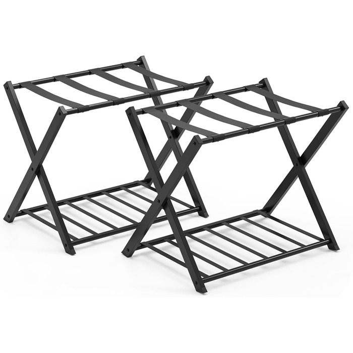 GIANTEX Folding Luggage Rack, 2-Tier, 68 x 43 x 58 cm, Luggage Stand, Metal Luggage Rack, Space-Saving, Luggage Rack for Bedroom, Guest Room, Hotel, Black (2 Pieces, Black)