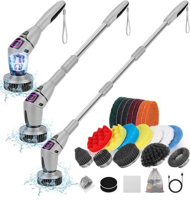 WADEO Electric Cleaning Brush, 17-in-1 Electric Cleaning Brush with Interchangeable Brush Heads and Adjustable Handle, Electric Scrub Brush for Bathroom, Kitchen, Car, Tiles, Floor (Gray)
