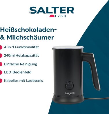 Електричний шоколатьє Salter Chocolatier: приготування гарячого шоколаду, пінка для кави, нагрів молока, 500W, бездротовий, LED-панель, 240/115мл, EU штекер