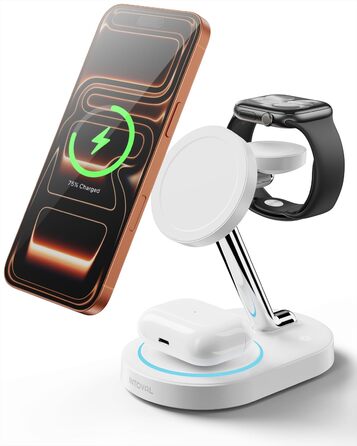 Intoval 3-в-1 Магнітна Бездротова Зарядка для iPhone 17/16/15/14/13/12, Apple Watch та AirPods, Швидка Зарядка з Блоком Живлення (Білий)