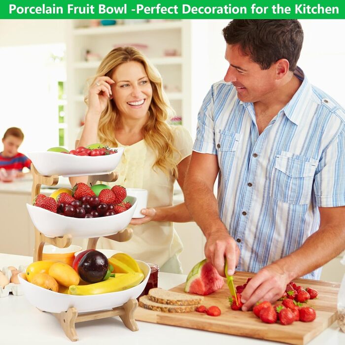 Керамічна етажерка для фруктів Dreamhigh® з 3 ярусами, економна та стійка, сучасна фруктова та овочева миска з бамбуковою підставкою