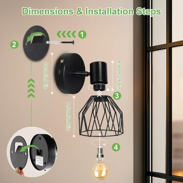 LED настінний світильник Kimjo з таймером, 2 шт., чорний, з акумулятором, диммування, E14, для спальні/вітальні