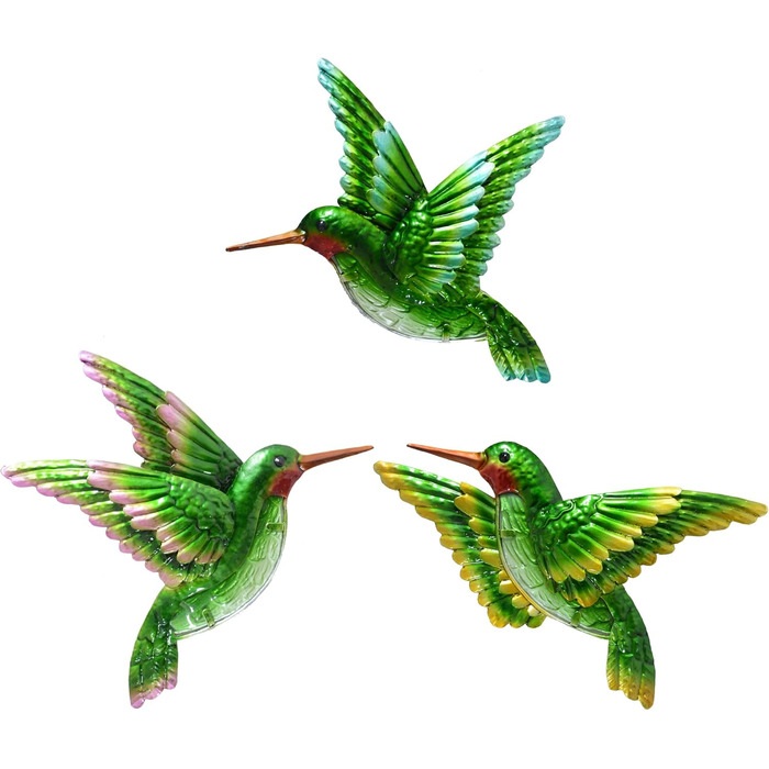 J-Fly Metal Glass Hummingbird Wall Decor 3D Hummingbird Design Hand-Painted Living Room Glass Wall Art Outdoor Patio Hanging Home Bedroom Garden Terrace Veranda or Fence Green 25.4 cm