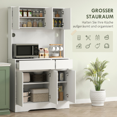 HOMCOM Kitchen Cabinet Buffet with Countertop, 6 Doors, Tall Cabinet with Adjustable Shelves, Cable Holes, Microwave Cabinet Modern Storage Cabinet, White, 100 x 38 x 180 cm | Aosom