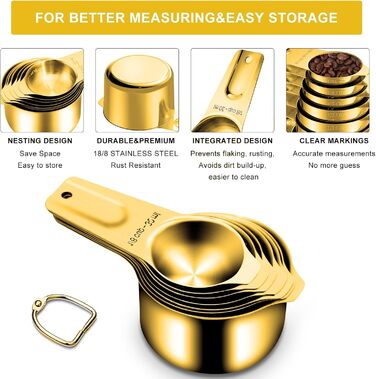 Gold-colored measuring cups and spoons, 15 pieces, 18/8 stainless steel, including 7 stackable metal measuring cups, 8 magnetic measuring spoons – ideal kitchen aids for cooking and baking