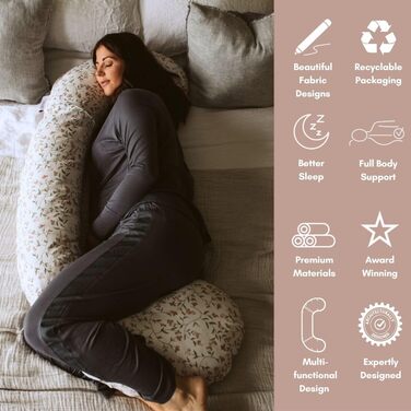 Подушка для вагітних BellaMoon 3-в-1: підтримка всього тіла, C-подібна форма для сну, годування та ліжечка. Знімна, бавовняна наволочка (Waterleaves) (FIeld of Blossoms)