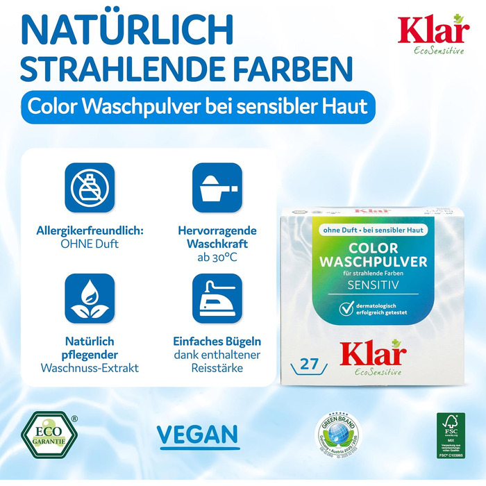 Пральний порошок для кольорових речей Klar EcoSensitive SENSITIV, гіпоалергенний, без ароматизаторів, 4.75 кг (набір 2 шт по 2.375 кг)