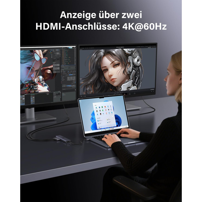 Док-станція для ноутбука Newmight з двома моніторами, адаптер HDMI 4K, Ethernet 1 Gbps, PD 100W, 3 USB 3.0, SD/TF Reader, для HP/Dell (Сірий)