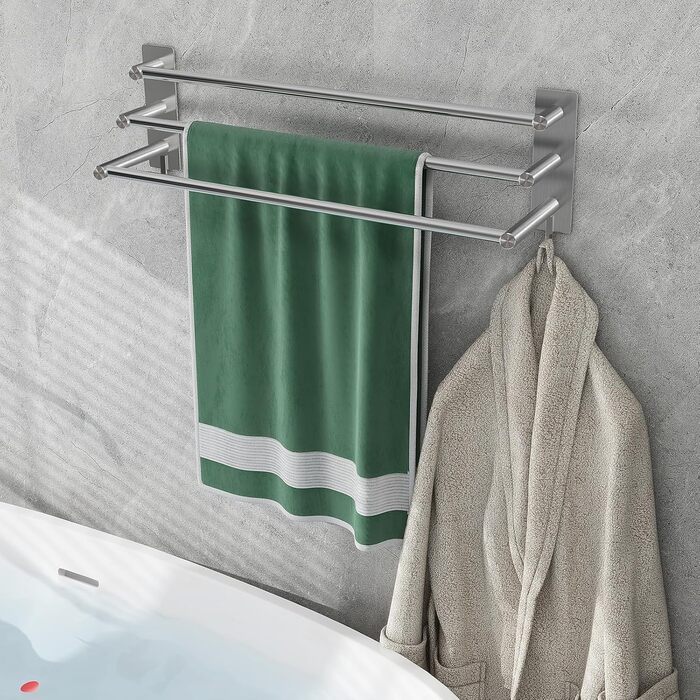 Тримач для рушників на стіну без свердління, SUS304 нержавіюча сталь, 3 стійки, 2 гачки, 60 см, сріблястий