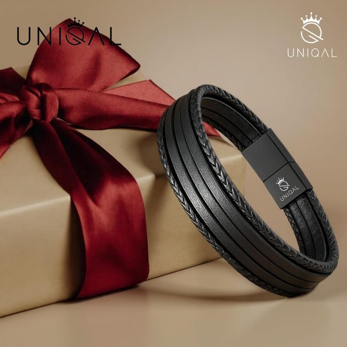 Чоловічий шкіряний браслет UNIQAL 'Premium Style' з нержавіючої сталі, чорний (BLACKY, 19 см)