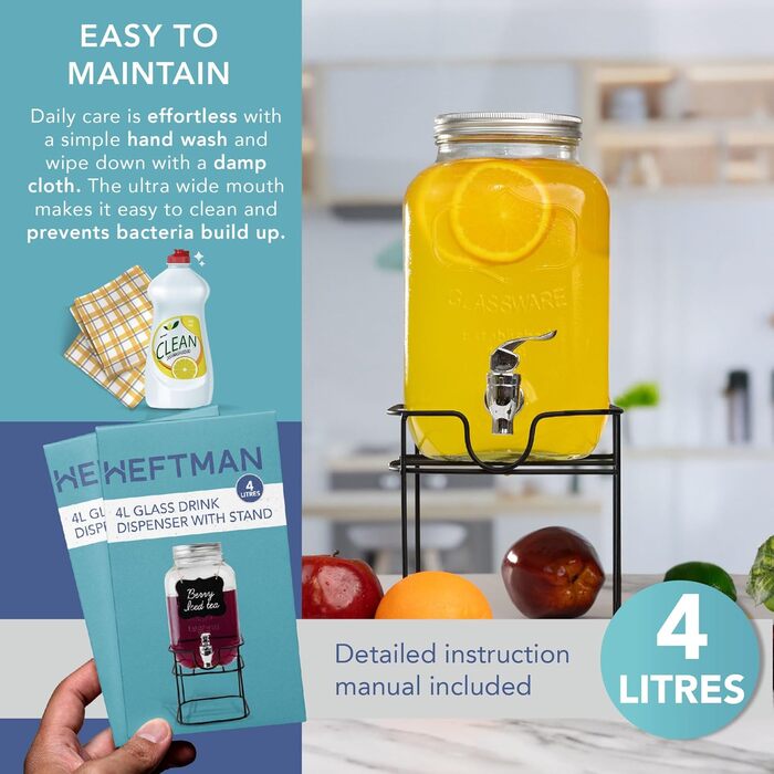Скляний диспенсер для напоїв з краником - 4 літри, Mason Jar, з пластиковим краником та металевим підставкою