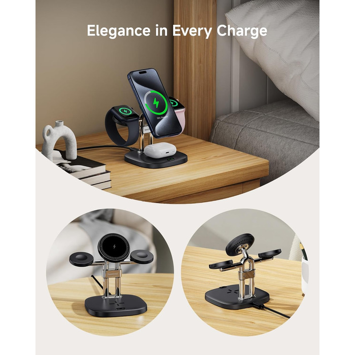 Зарядний пристрій SwanScout 709M Black: Двопортова зарядка для Apple Watch та iPhone (11/Ultra 3/SE 3, Air/17 Pro Max/17 Pro/17/16/15/14)