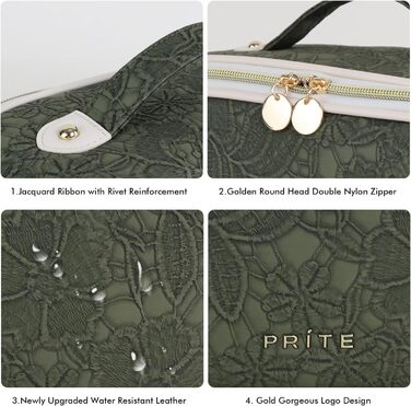 Косметичка для подорожей великого об'єму з прозорими перегородками, зелена квітка, водонепроникна, з PU-шкіри