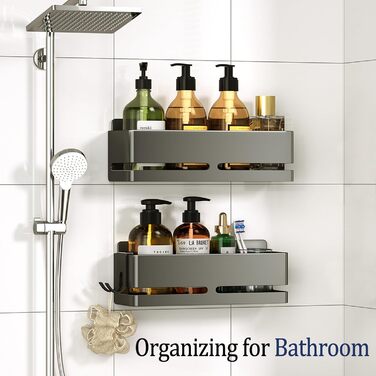 Настінна полиця для ванної кімнати (5 шт. в наборі) з мильницею та тримачем для зубних щіток, без свердління, для ванної та кухні (сірий) (сірий - 2 яруси)