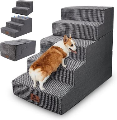 Sytopia dog stairs 40 cm high, 3 steps, dog stairs for bed, sofa for small dogs, pet stairs washable, foam stairs, for injured, older dogs (34cm height, Grey) (5 steps dog stairs (H:57CM), Flannel)