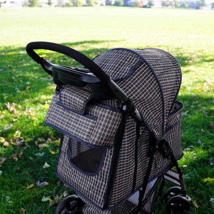 Візок для тварин Monster Shop з сумкою, знімний, складний, вантажопідйомність 15 кг, колеса, гальма, сітчасте вікно, кошик, тримач для напоїв, кишені та водовідштовхуючий дощовик (синій візерунок в клітинку, передня кишеня для тварин)