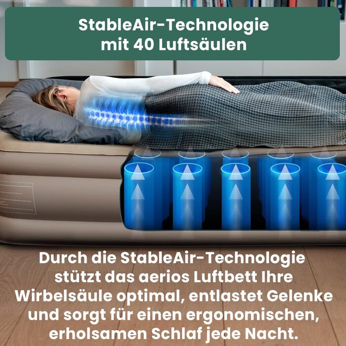 Надувне ліжко Aerios для 2 осіб з вбудованим USB-C насосом | Преміум гостьове ліжко без кабелю живлення | Надувне ліжко - виберіть розмір! Бежевий двоспальний