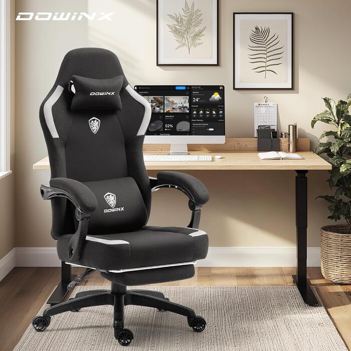 Ігровий крісло Dowinx з тканиною та пружинним сидінням, масажний ігровий крісло з підніжкою, ергономічне, для ПК, геймінгу, офісу, чорний, 150 кг
