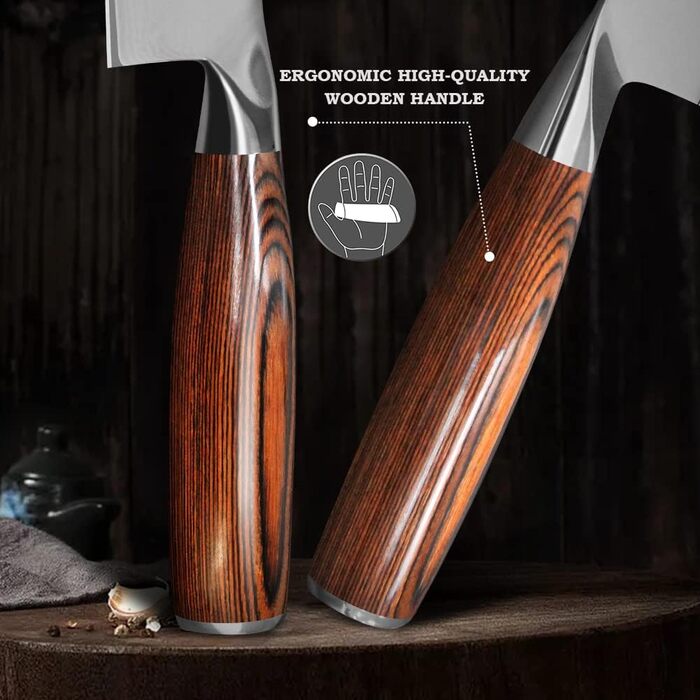 Ніж кухарський Дамаск Шарф: професійний ніж для м'яса з дамаської сталі, ручна робота, з антиковзним дерев'яним руків'ям, у подарунковій коробці
