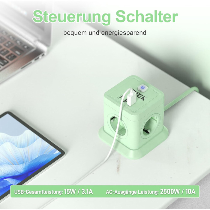 Мережевий адаптер FDTEK 7-в-1 з USB-C та USB-A, 4 розетки, 2500W/10A, куб з вимикачем, 1.8м кабель