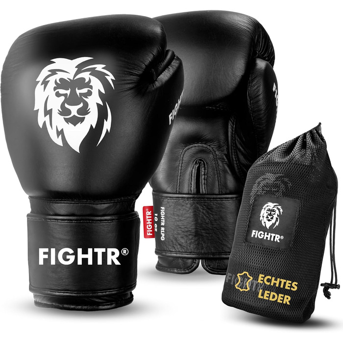 Боксерські рукавички FIGHTR® Pro з натуральної шкіри для чоловіків та жінок | для боксу, ММА, муай-тай, кікбоксингу та єдиноборств | 10, 12, 14 унцій | з сумкою (Чорний)