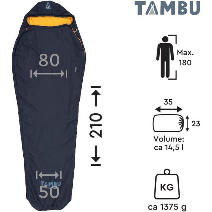 Спальний мішок TAMBU Mumienschlafsack 80x210см - компактний, для літа, осені та зими. Теплий, для кемпінгу, подорожей, фестивалів. Без PFC, синій.
