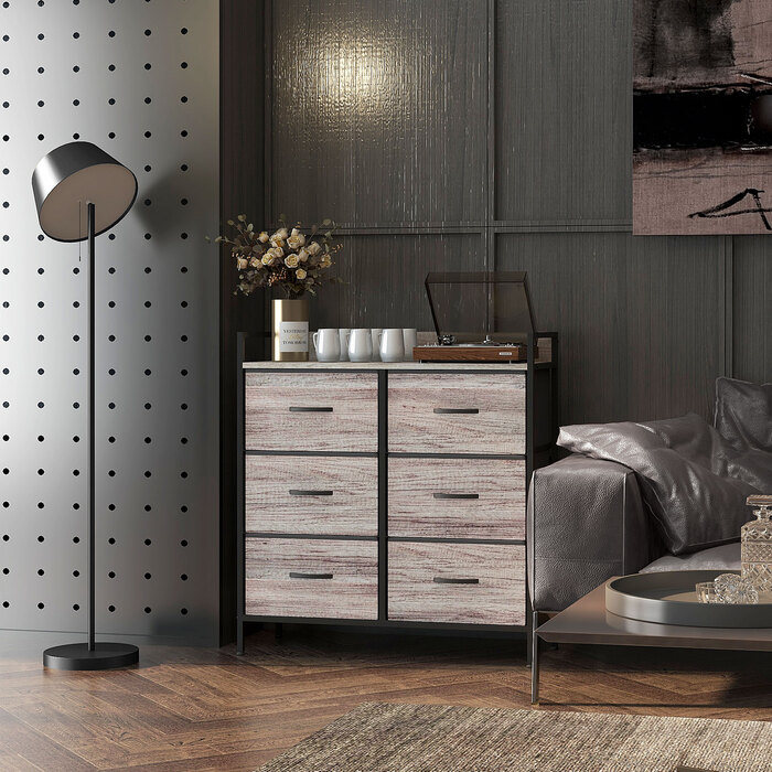 HOMCOM 6-Drawer Fabric Storage Chest of Drawers, Storage Cabinet, Dresser-Style Unit with Wood-Look Finish, Handles, Steel Frame, Industrial Design Sideboard for Living Room - Grey | Aosom