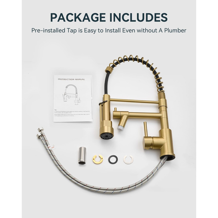 Кран кухонний LED Warmiehomy професійний, 360° поворотний, з двома виливами, високий вигин, спіральна пружина, для мийки, з нержавіючої сталі (золотий)