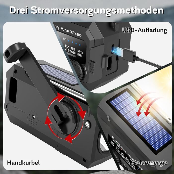 Радіо Milfech сонячне з ручним заводом, AM/FM, 2000mAh, ліхтарик LED, SOS-сигнал, для кемпінгу та надзвичайних ситуацій, чорне