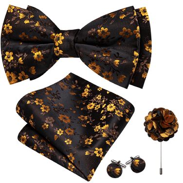Комплект аксесуарів Barry.Wang для чоловіків: краватка, хустинка, запонки, Paisley, чорно-золотий, для весілля та вечірок