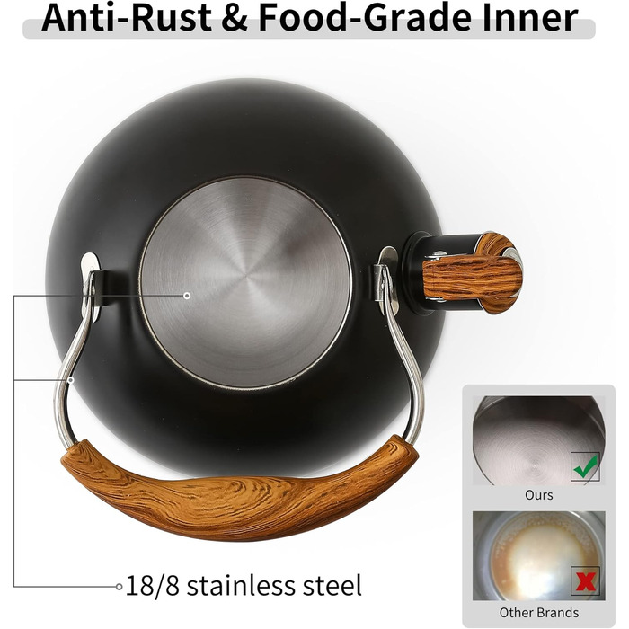 Чайник для плити LONFFERY 2.5л з свистком, з нержавіючої сталі, з дерев'ястим декором, складна ручка, кремово-білий/білий (чорний)