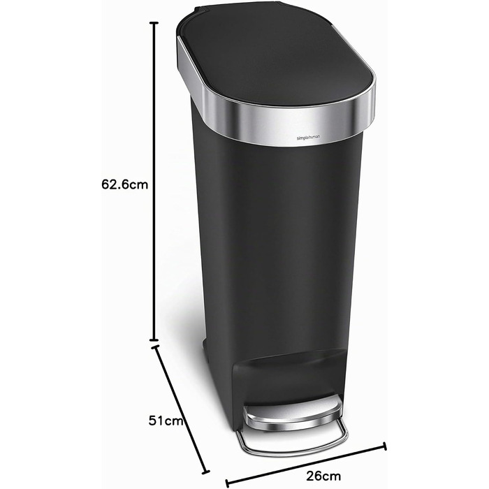 Сміттєвий відер-педаль simplehuman CW1361 вузький, 40 л, для кухні та сортування відходів, чорний